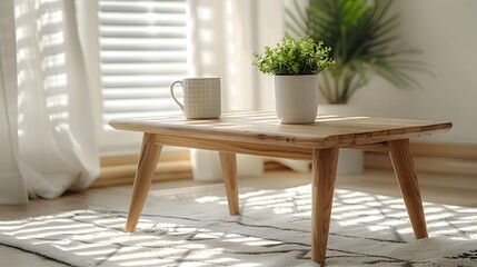 Minimalist living room, wooden coffee table with angled legs, white ceramic mug, white plant pot with small green plant, white textured carpet with geometric pattern.