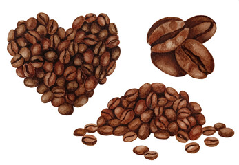 Watercolor coffee beans isolated on white background. Grains of coffee in the form of heart, coffee beans pile.