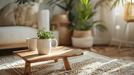 Minimalist living room, wooden coffee table with angled legs, white ceramic mug, white plant pot with small green plant, white textured carpet with geometric pattern.