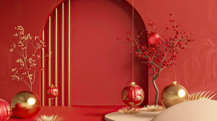 Festive background Happy New Year in Asian style. Happy Chinese New Year banner background template. Decoration with traditional festival lanterns on a red background.