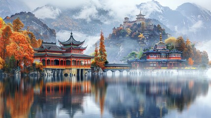 Beautiful traditional temples nestled by a calm lake, surrounded by vibrant autumn foliage and mist-covered mountains, creating a serene and tranquil scene.