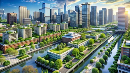 Modern cityscape featuring lush green rooftops, flood protection walls, and durable infrastructure showcasing climate adaptability and urban resilience.