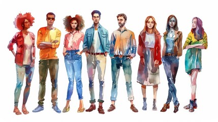 Obraz premium Colorful watercolor drawing of beautiful people. Representatives of different races. Men and women.