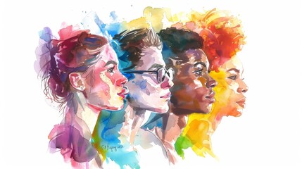 Fototapeta premium Colorful watercolor drawing of beautiful people. Representatives of different races. Men and women.