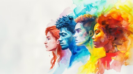 Fototapeta premium Colorful watercolor drawing of beautiful people. Representatives of different races. Men and women.