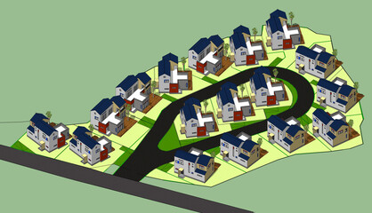 background with squares, 3D rendering of a residential neighborhood design, showcasing multiple modern houses arranged around a curved road