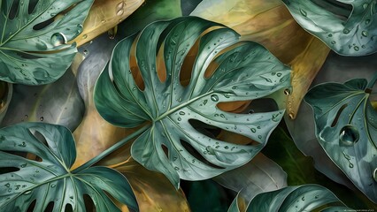wallpaper representing a pattern of leaves with water droplets above. Hipperrealistic image