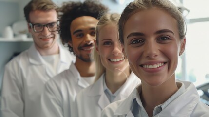 Fototapeta premium Group of four cheerful doctors is standing in a hospital corridor, wearing white coats.