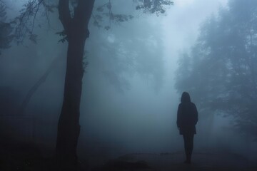 A solitary figure walks through a misty, fog-covered forest path enveloped in mystery and silence, creating an eerie and serene atmosphere.