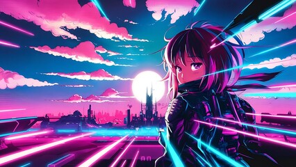 Anime cartoon neon game background, app gaming background sky with clouds and bright cyberpunk colours, colourful bg background wallpaper