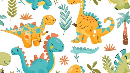 Create a seamless pattern with cute cartoon dinosaurs and palm trees