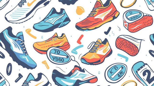 Design a seamless pattern with running and marathon motifs like sneakers, medals, and race bibs