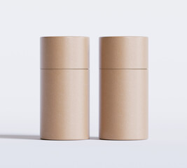 Brown Paper tube package mockups isolated on white background. Blank craft carton circular realistic tube texture. Cylindrical container with cap for product branding 