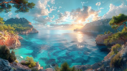 Panoramic coastal landscape, azure blue sky, crystal clear turquoise water, rocky cliffs, sunlight reflecting on calm sea, Mediterranean coastline, golden hour glow.