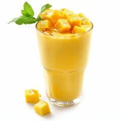 A delicious freshly pressed mango smoothie with coconut milk and honey, topped with mango cubes and a mint leaf, isolated on white background.