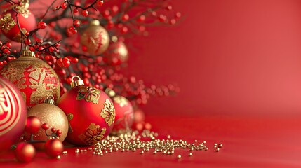 Festive background Happy New Year in Asian style. Happy Chinese New Year banner background template. Decoration with traditional festival lanterns on a red background.