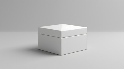 Fototapeta premium Realistic 3D rendering, white square box, closed lid, minimalist design, clean edges, subtle shadow, light gray background, product packaging mockup, studio lighting.