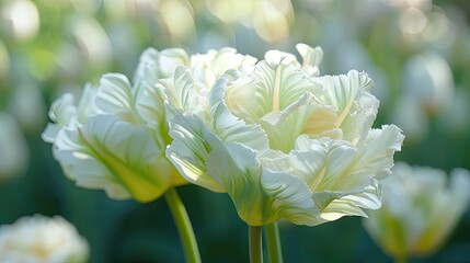 Fototapeta premium Tulip Super parrot blooming with pure white ruffled blooms pale green flushed and looking like parrot feathers in bright sunlight in the garden