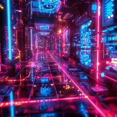 Obraz premium Futuristic digital corridor with vibrant neon lights and intricate technology details, creating a dynamic and immersive atmosphere.