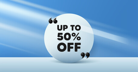 Up to 50 percent off sale. Circle frame, product stage background. Discount offer price sign. Special offer symbol. Save 50 percentages. Discount tag round frame message. Vector
