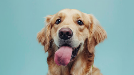 A funny and hungry golden retriever puppy dog eating and licking its lips with tongue. Isolated on a light blue pastel background.