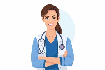 Fototapeta premium Female doctor with stethoscope and medical symbols representing healthcare medical expertise and patient care set against a light background