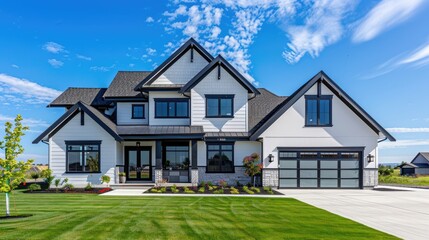 Exterior of brand new construction home with white pain black trim and rich blue skies