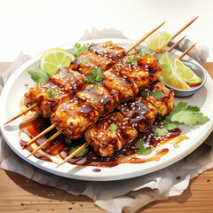 Watercolor satay food, clipart Illustration, Generative Ai