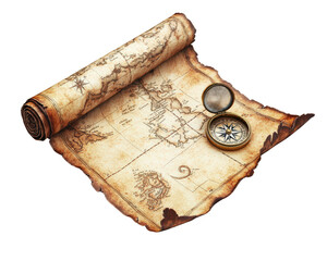 A map is rolled up and a compass is placed on top of it