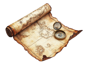 A map is rolled up and a compass is placed on top of it