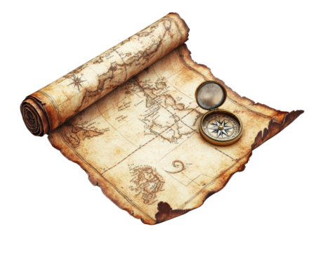 A map is rolled up and a compass is placed on top of it