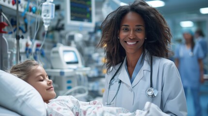 Smiling Black Woman Doctor Young Patient Hospital Compassionate Medical Care