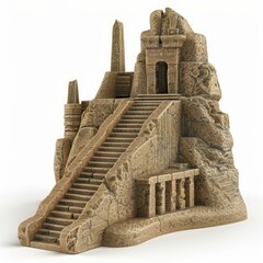 Medium shot of Ancient old stone Ziggurat, isolated on a white background, 