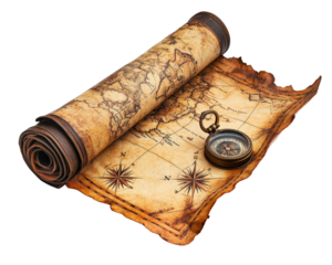 A map is rolled up and a compass is placed on top of it