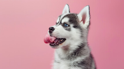 Obraz premium A playful and hungry husky puppy dog eating and licking its lips with tongue. Isolated on a soft pink pastel background.