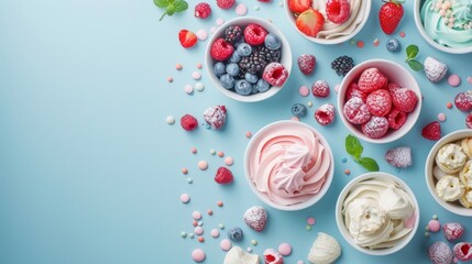 Variety of frozen yogurt flavors topped with fresh berries and colorful sprinkles, creating a delightful and refreshing treat.