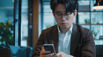 Young busy smart serious Asian Japanese business man executive holding cellphone device using mobile cell phone looking at smartphone working in corporate office with laptop computer technology