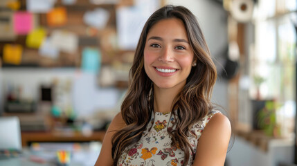 businesswoman,  An enthusiastic Hispanic female demonstrating a marketing strategy in a vibrant blazer on a creative workspace background.
