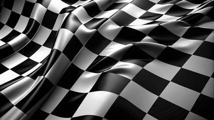 Racing-inspired black and white checkered flag pattern on dark background, wavy distorted abstract design evoking speed and dynamic movement.