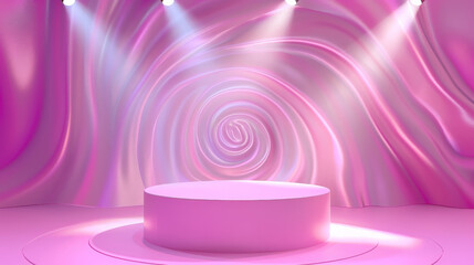 A smooth cylindrical podium is isolated on a pink pastel background with abstract spiral patterns. Cool, blue studio lights add a modern, fresh vibe, perfect for cosmetics display.