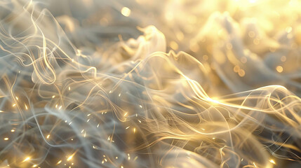 Fototapeta premium A sparkling abstract background with luxurious smoke, featuring shimmering gold and silver hues blending seamlessly with soft, billowing smoke effects. The overall ambiance should be elegant and