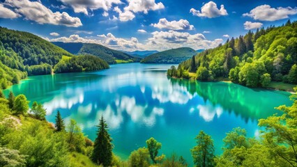Obraz premium Panoramic serene landscape of turquoise lake surrounded by lush green rolling hills and majestic trees under a crystal clear blue sky.