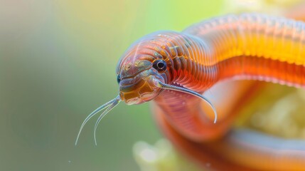 Millipede is crawling on a blurred natural background showing its colorful segmented body and antennas.