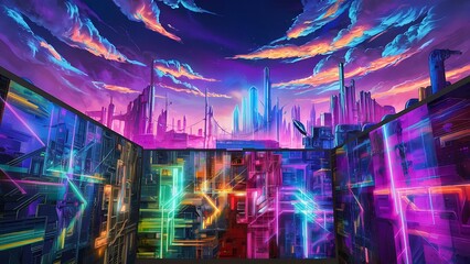 Anime cartoon neon game background, app gaming background sky with clouds and bright cyberpunk colours, colourful bg background wallpaper