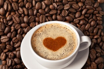 Cup of hot tasty coffee and coffee beans