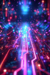 Obraz premium Technology Background, An expansive digital landscape with glowing circuit patterns sweeping across the ground and rising holograms. The center is open for message placement,