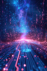 Obraz premium Technology Background, An expansive digital landscape with glowing circuit patterns sweeping across the ground and rising holograms. The center is open for message placement,