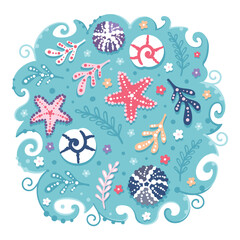 Bright colorful blue, coral, pink, white and purple seashell, starfish an sea urchin illustration on blue waves. Isolated marine life vector design suitable for T-shirts and wall decoration.