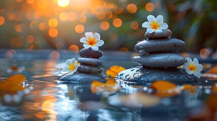 Obraz premium Zen spa setting, balanced stones, floating plumeria flowers, candlelit water surface, golden hour sunlight, warm orange glow, tranquil pool reflection, autumn leaves.