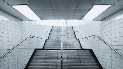 Empty metro station staircase with industrial style lighting and white tiled walls depicting urban transportation and modern architecture